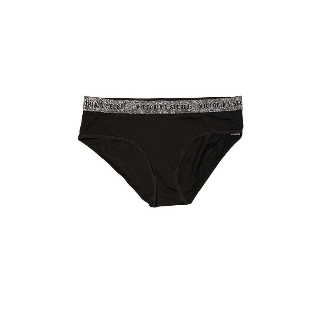 Victorias Secret Black Hiphugger Panties Silver Glitter Logo Waistband Medium
